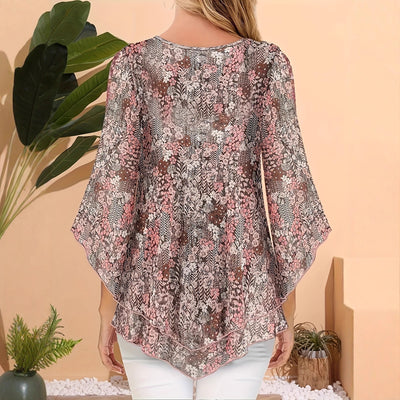 Blusa Larga de Gasa con Estampado Floral y Cuello en V - Image 3