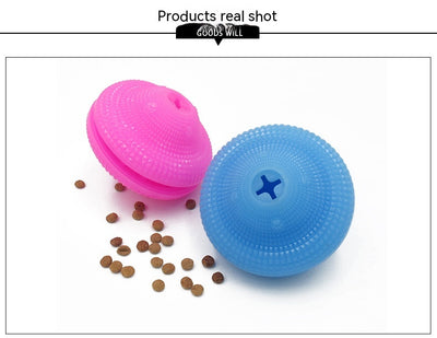 Blue TPR pet toy ball with textured surface, designed for food dispensing and molar training, with kibble scattered around. - Image 13