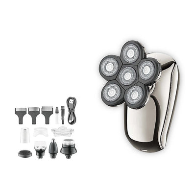 Six-in-one men's electric shaver kit with digital display, multiple interchangeable heads, comb attachments, and charging cable. - Image 3