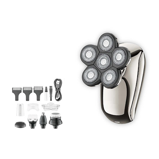 Six-in-one men's electric shaver kit with digital display, multiple interchangeable heads, comb attachments, and charging cable. - Image 3