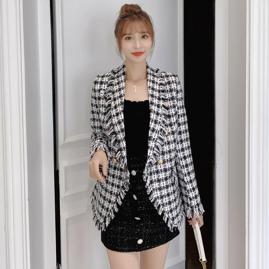 Blazer de Cuadros de Lana Abrochado Doble para Mujer - Largo Medio