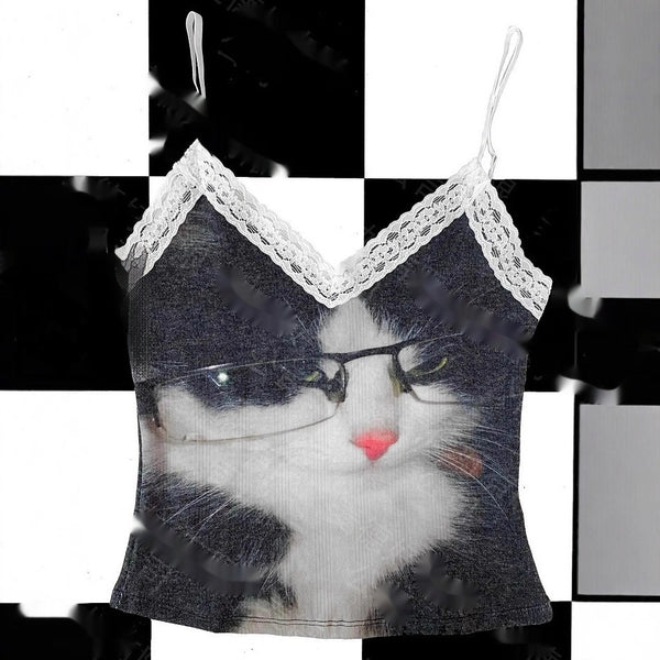Chaleco Cropped V-Neck con Encaje y Estampado Animal - Diseño Desenfadado y Moderno