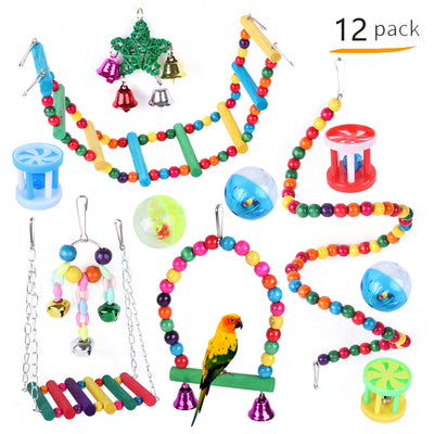 10-pack of colorful wooden and plastic bird toys, including swings, perches, and hanging bell toys for pet birds. - Image 21