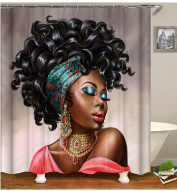 Shower curtain with an illustration of a Black woman wearing a teal headwrap, pink top, and ornate gold and red jewelry.
