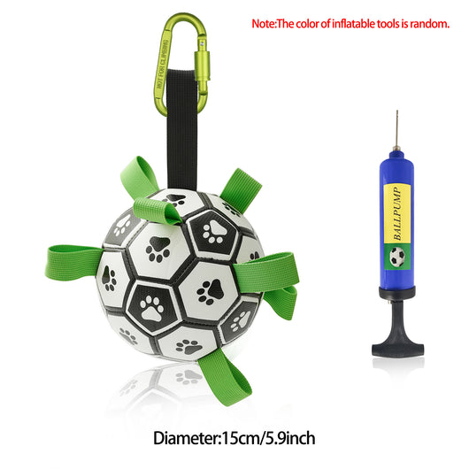 Interactive dog football toy with black and white panels, paw prints, green nylon tabs, and a green carabiner clip. Includes a black inflation pump. - Image 75