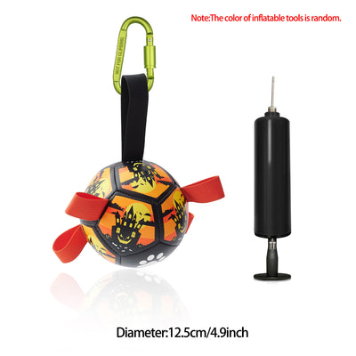 Interactive dog football toy with black and white panels, paw prints, green nylon tabs, and a green carabiner clip. Includes a black inflation pump. - Image 80