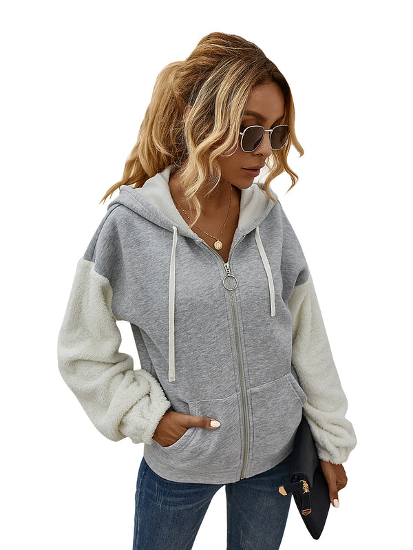 Chaqueta Casual Patchwork con Capucha y Mangas Largas de Contraste