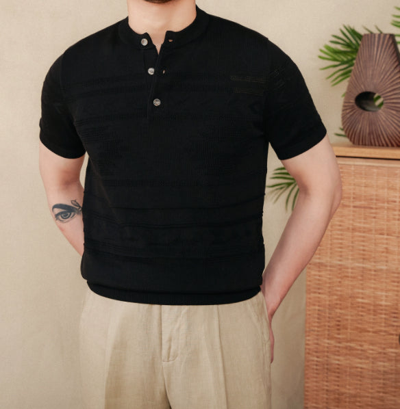 Camisa Henley Tejida Retro Americana Slim Fit Manga Corta