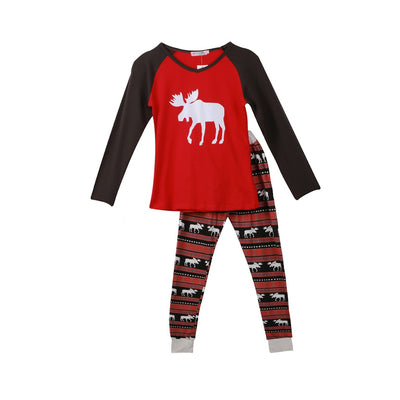 Red and black long-sleeve pajama set with a white moose graphic on the top and patterned moose pants. - Image 7