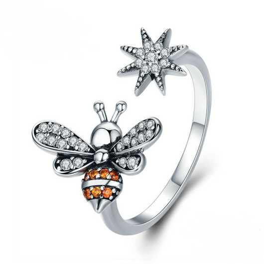 Anillo Ajustable de Plata 925 con Abeja y Diamante - Diseño Elegante - Image 3