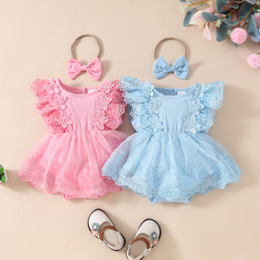 Vestido Romper Niña Verano 2024 Encaje Floral Triangular sin Mangas