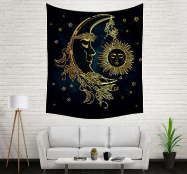 Bohemian sun and moon tapestry with a celestial pattern of golden suns and crescent moons on a dark blue background. - Image 36