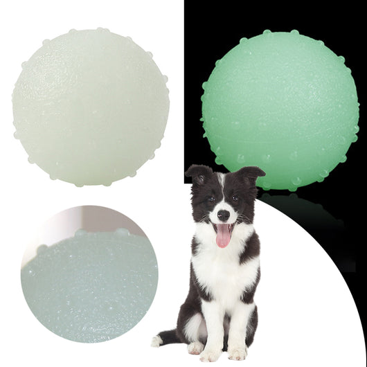 Interactive pet glow ball, off-white in daylight and glowing green in the evening, with a textured surface. - Image 3