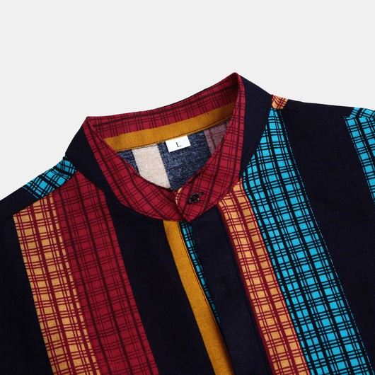 Camisa Étnica de Cuello Mao Rayas Algodón-Lino Manga Corta - Image 16