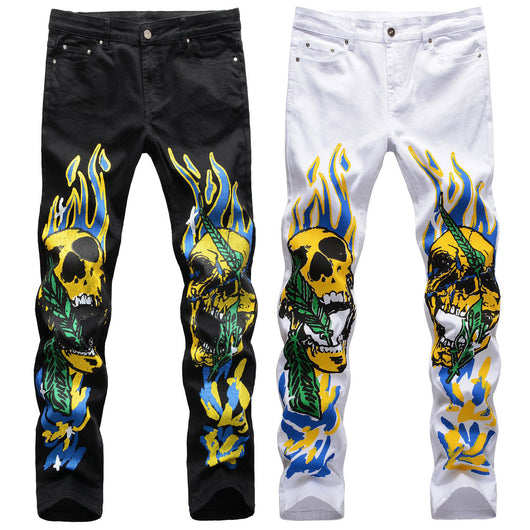 Pantalones de Calle Urbanos con Diseño Calavera y Llamas - Estilo Graffiti para Hombre