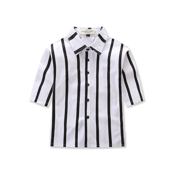 Camisa de Manga Larga a Rayas Verticales Blancas y Negras