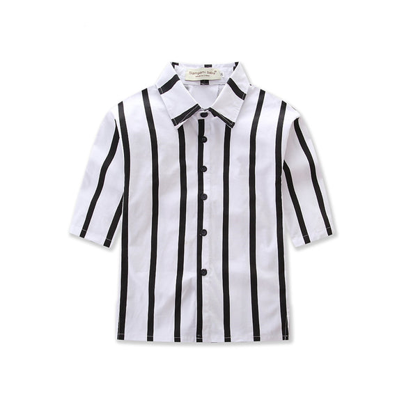 Camisa de Manga Larga a Rayas Verticales Blancas y Negras