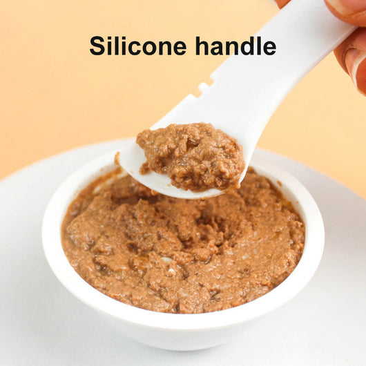 Gray pet food spoon with a paw print handle and a matching paw-shaped can opener lid. - Image 3