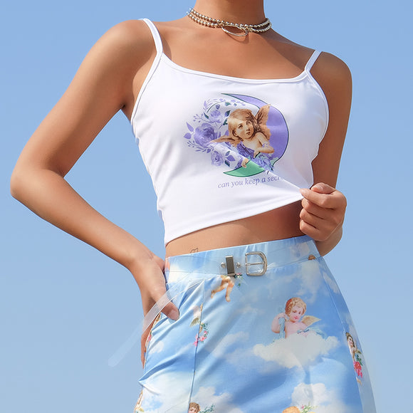Top Espalda Abierta Estampado Ángel - Diseño Sexy Tendencia Europa