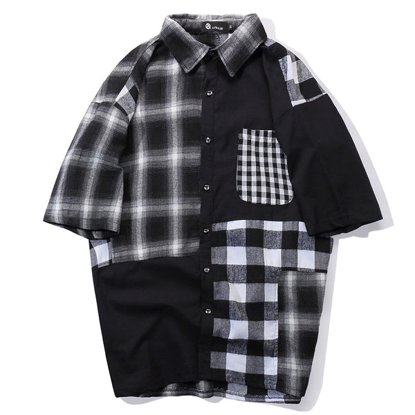 Camisa Retro Hip Hop a Cuadros con Parches de Calle