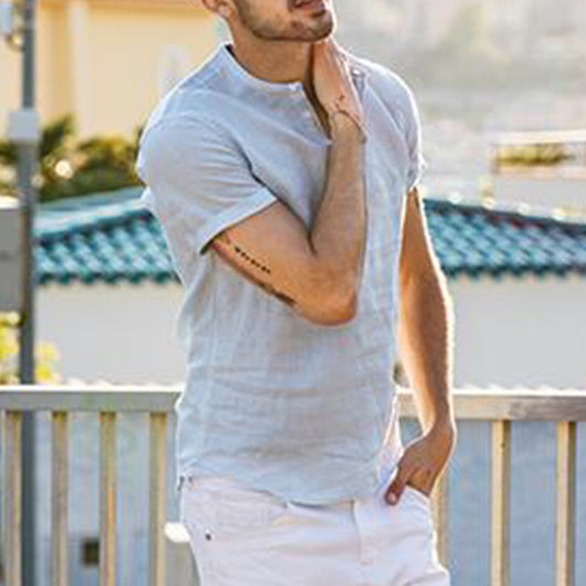 Camisa de Lino y Algodón con Cuello de Pie de Manga Corta - Image 26