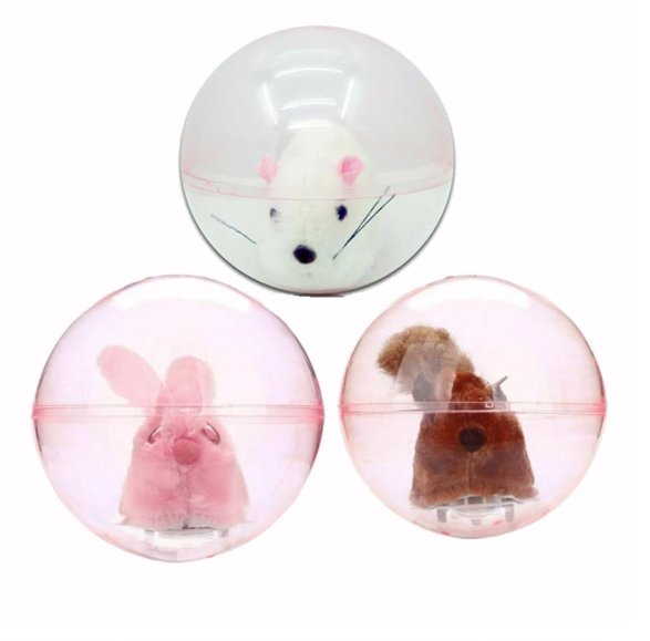 Plush white mouse toy with pink ears and black features, encased in a clear plastic ball with a pink tint.