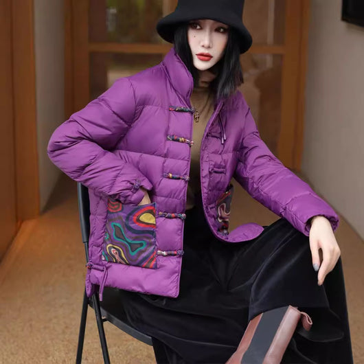 Chaqueta Acolchada Retro Estilo Chino con Cuello Alto para Mujer
