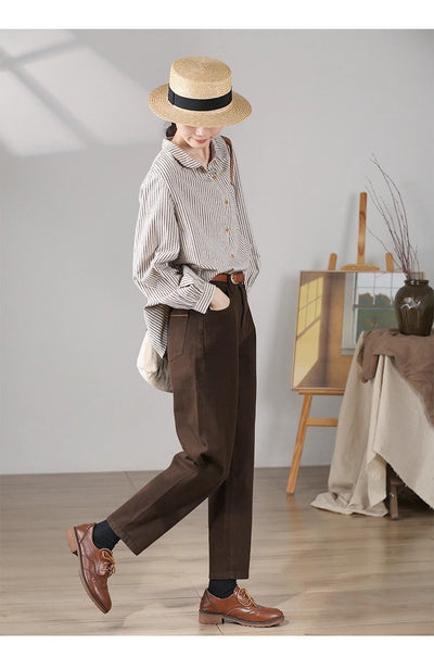 Blusa Retro de Lino y Algodón a Rayas con Diseño Artístico - Image 18