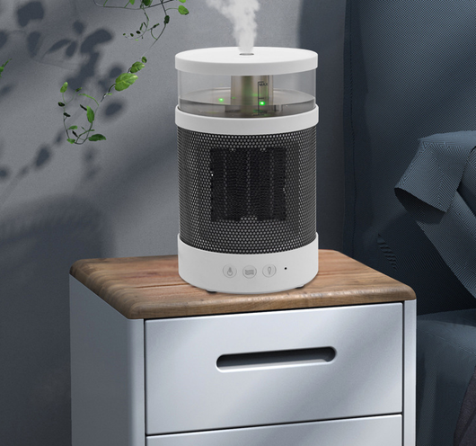 White and black 3-in-1 space heater with humidifier and night light, featuring a mesh grille and control buttons. - Image 7