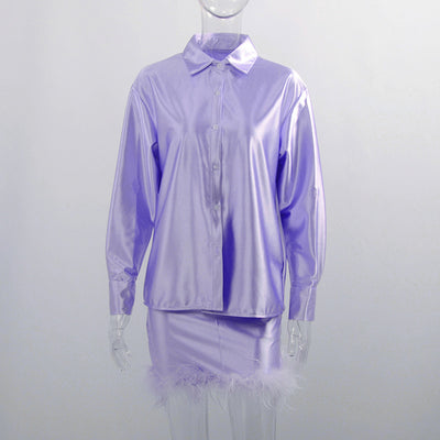 Falda Blusa de Satén con Plumas y Mangas Largas - Image 9