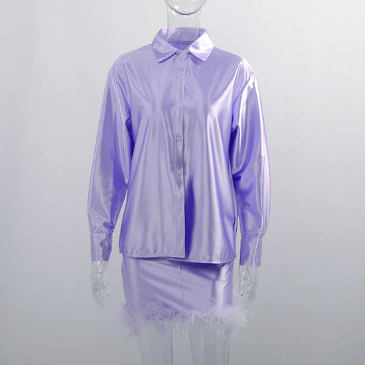 Falda Blusa de Satén con Plumas y Mangas Largas - Image 9