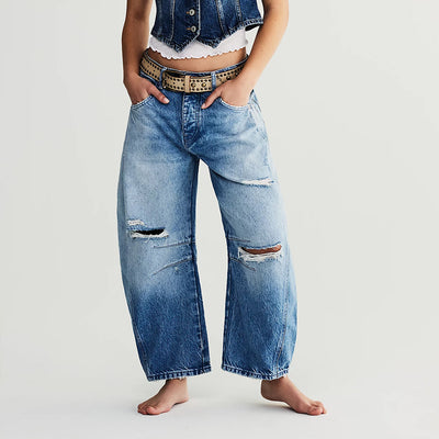 Pantalón Vaquero Mujer Retro Desgastado Azul Hip Hop