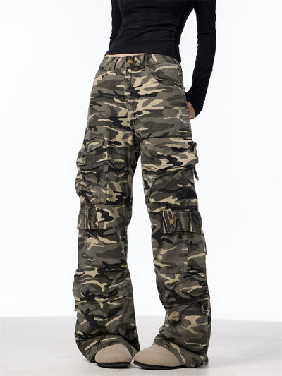 Pantalones Cargo Camuflaje Mujer Pierna Ancha Suelta - Image 14