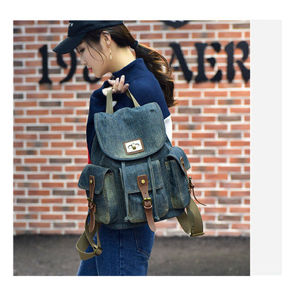 Mochila Denim Retro con Cordón y Bolsillos Funcionales para Mujer - Image 9