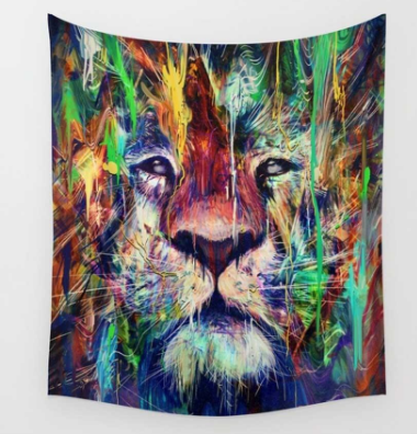 Vibrant bohemian tapestry featuring an abstract, colorful lion's face with paint splatters, suitable for wall hanging.