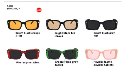 Women's retro hip hop fashion sunglasses with bright black frames, dark gray rectangular lenses, and gold accents. - Image 15