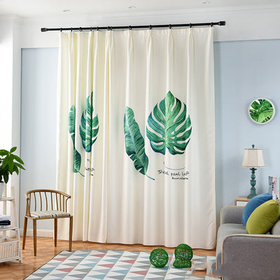 Cream curtain with large green banana leaf and tropical leaf digital print, suitable for a modern living room. - Image 8