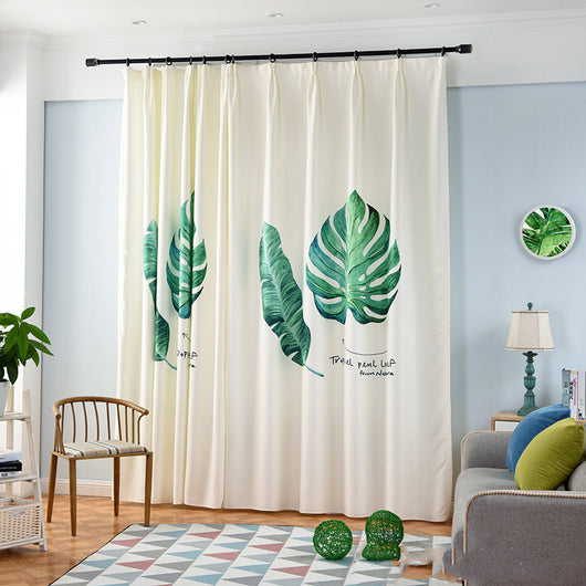 Cream curtain with large green banana leaf and tropical leaf digital print, suitable for a modern living room. - Image 8