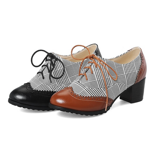 Zapatos Casuales Retro Cuadros Ingleses con Encaje y Suela Gruesa para Mujer