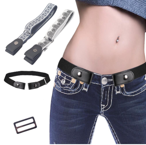 Beige elastic no-buckle belt with adjustable clips, designed for an invisible and comfortable fit.