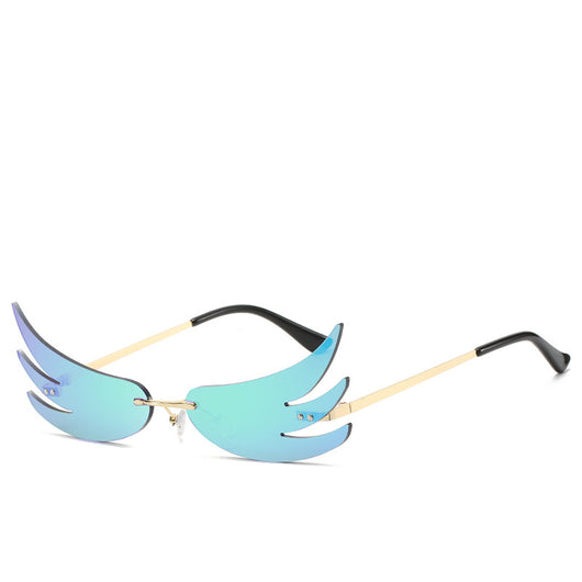 Rimless flame-shaped sunglasses with silver reflective lenses, gold metal temples, and black temple tips. - Image 5