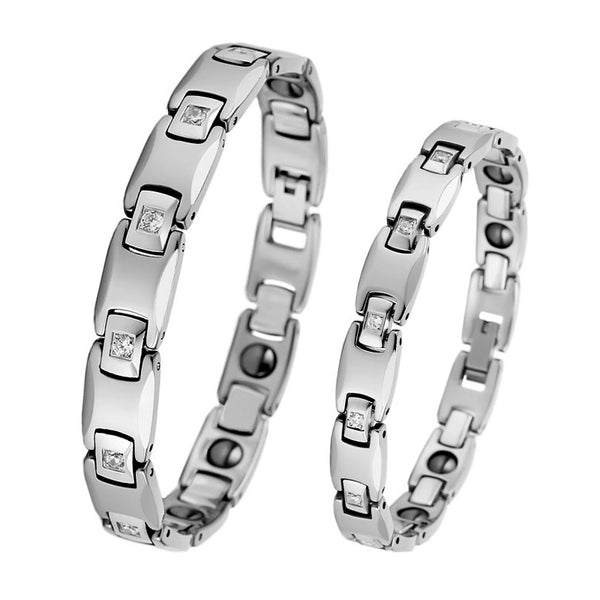 Pulsera Magnética de Pareja en Acero Tungsteno con Circón CNC