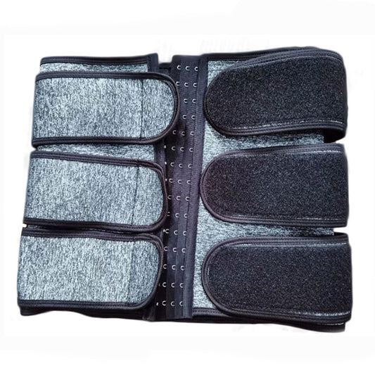 Grey and black women's waist trainer with multiple hook-and-eye closures and adjustable velcro straps. - Image 2