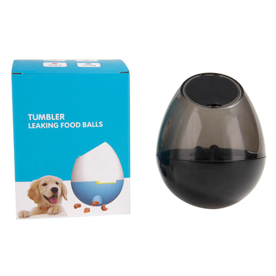 Orange and blue interactive pet food dispenser toy with multiple tiers and white balls, next to its black packaging. - Image 22