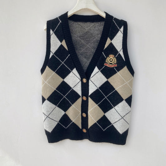 Chaleco Cardigan Cuadrille Estilo Universitario para Primavera y Otoño