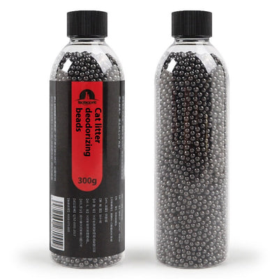 Clear plastic bottle of black cat litter deodorizing beads with a black and red label, 300g. - Image 9