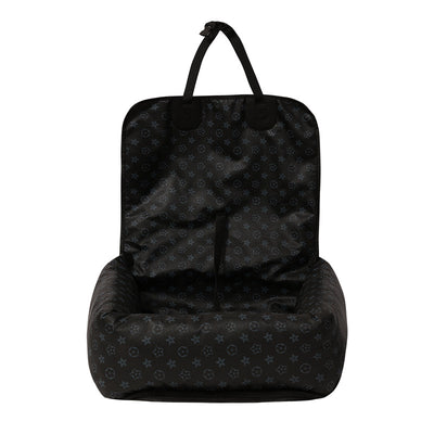 Brown and white patterned pet car seat with black trim and handles, designed for comfortable and secure pet travel. - Image 10