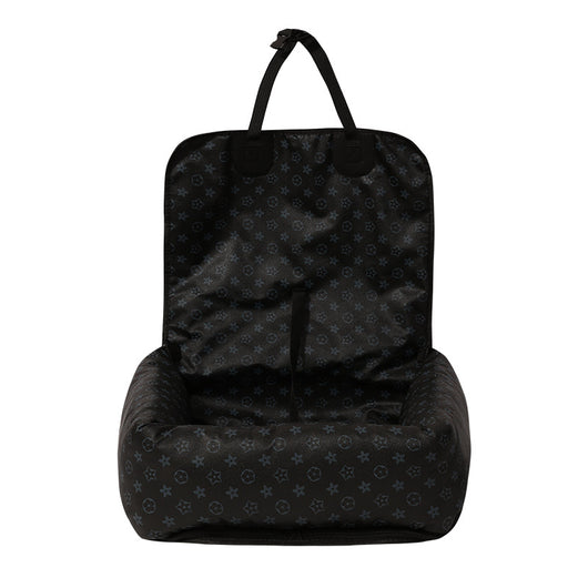 Brown and white patterned pet car seat with black trim and handles, designed for comfortable and secure pet travel. - Image 10