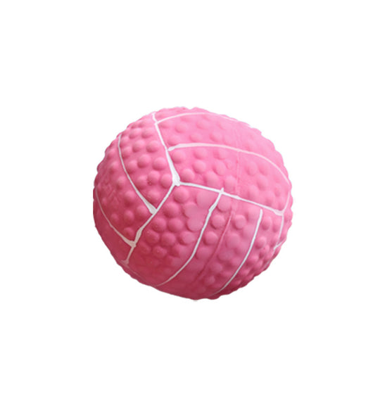 Pink latex pet toy shaped like a mini volleyball with white seams and a textured surface. - Image 13