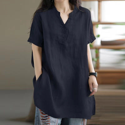 Camiseta Suelta Básica Cuello V Manga Corta para Mujer - Image 11
